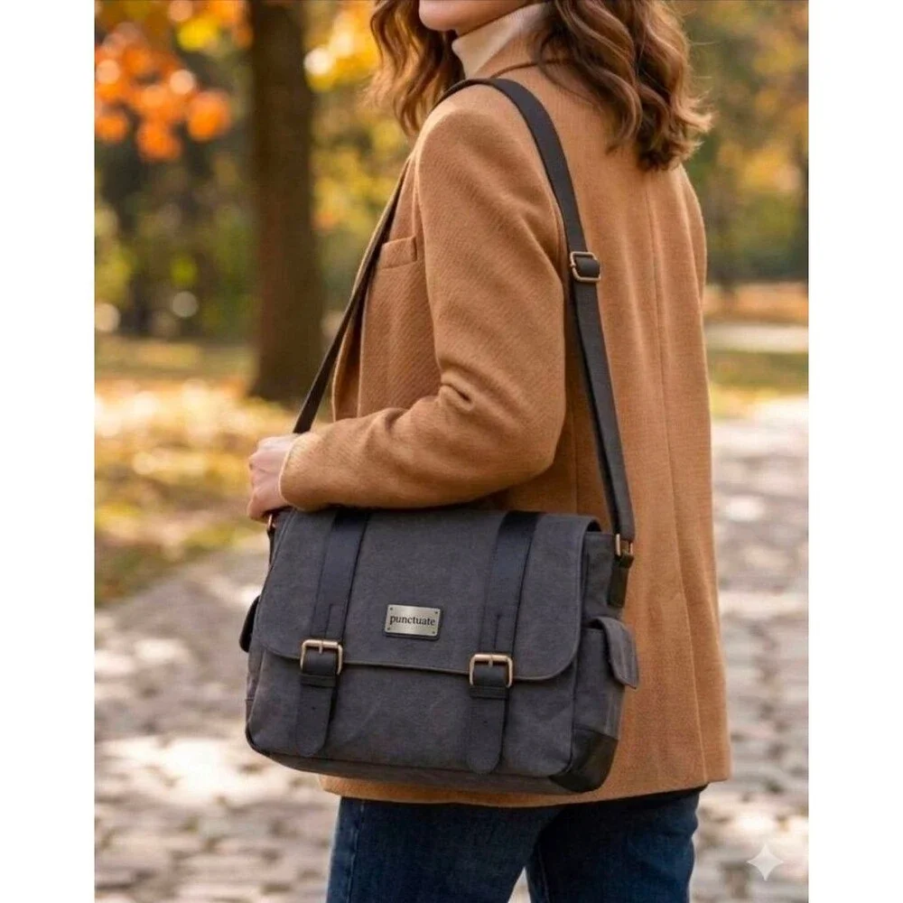 Punctuate Canvas Messenger Crossbody Laptop Bag - Dark Gray Charcoal